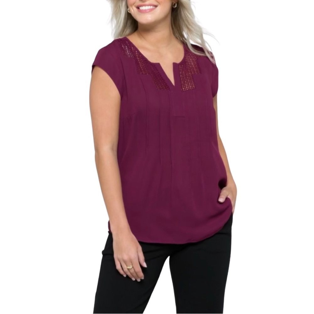 Daniel Rainn Estefany Burgundy Printed Lace Detail Split Neck Blouse, S